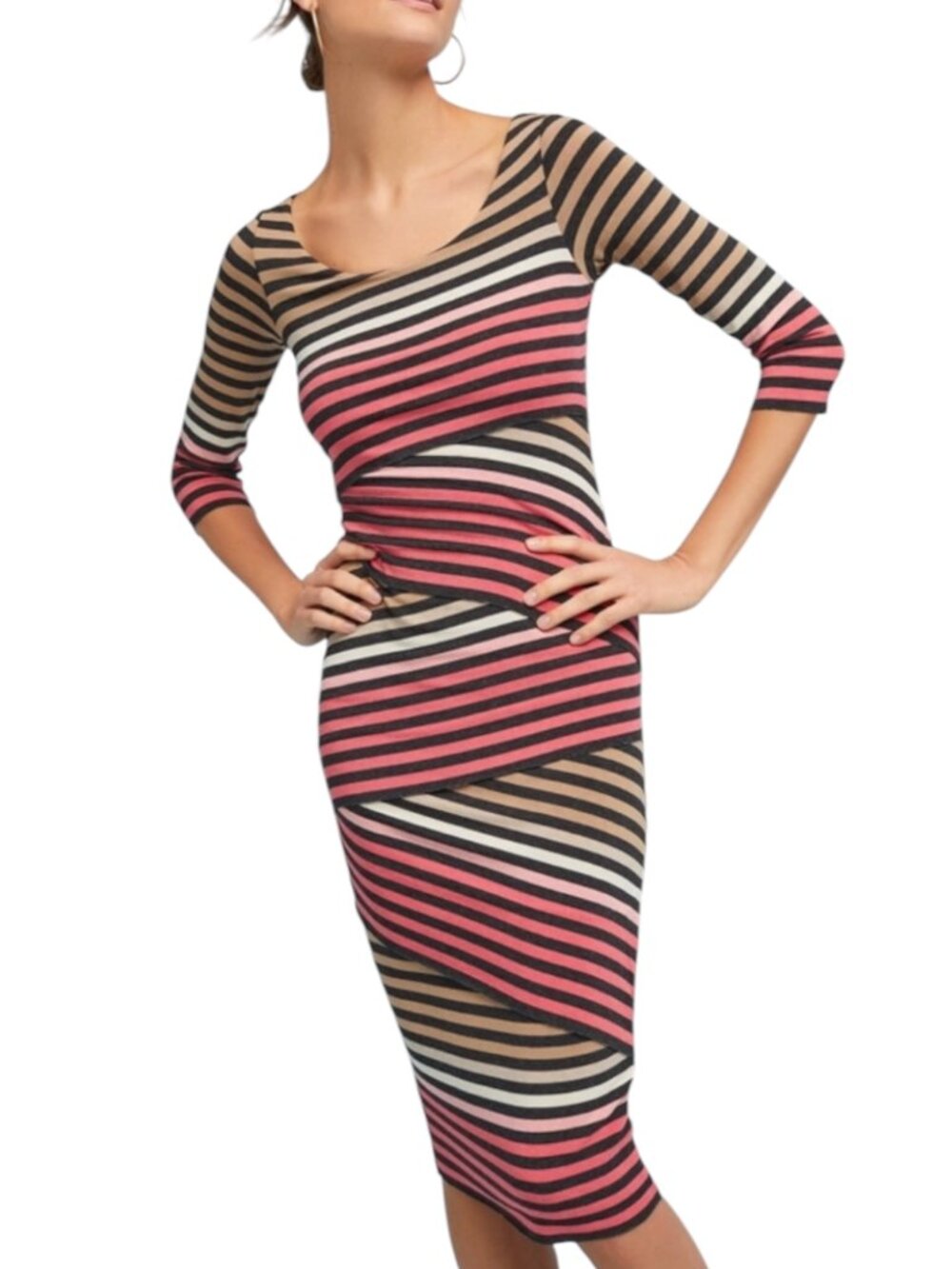 Bailey 44 Petite Dress Sheath Knit Layered Stripe Black Beige Pink S P NWT